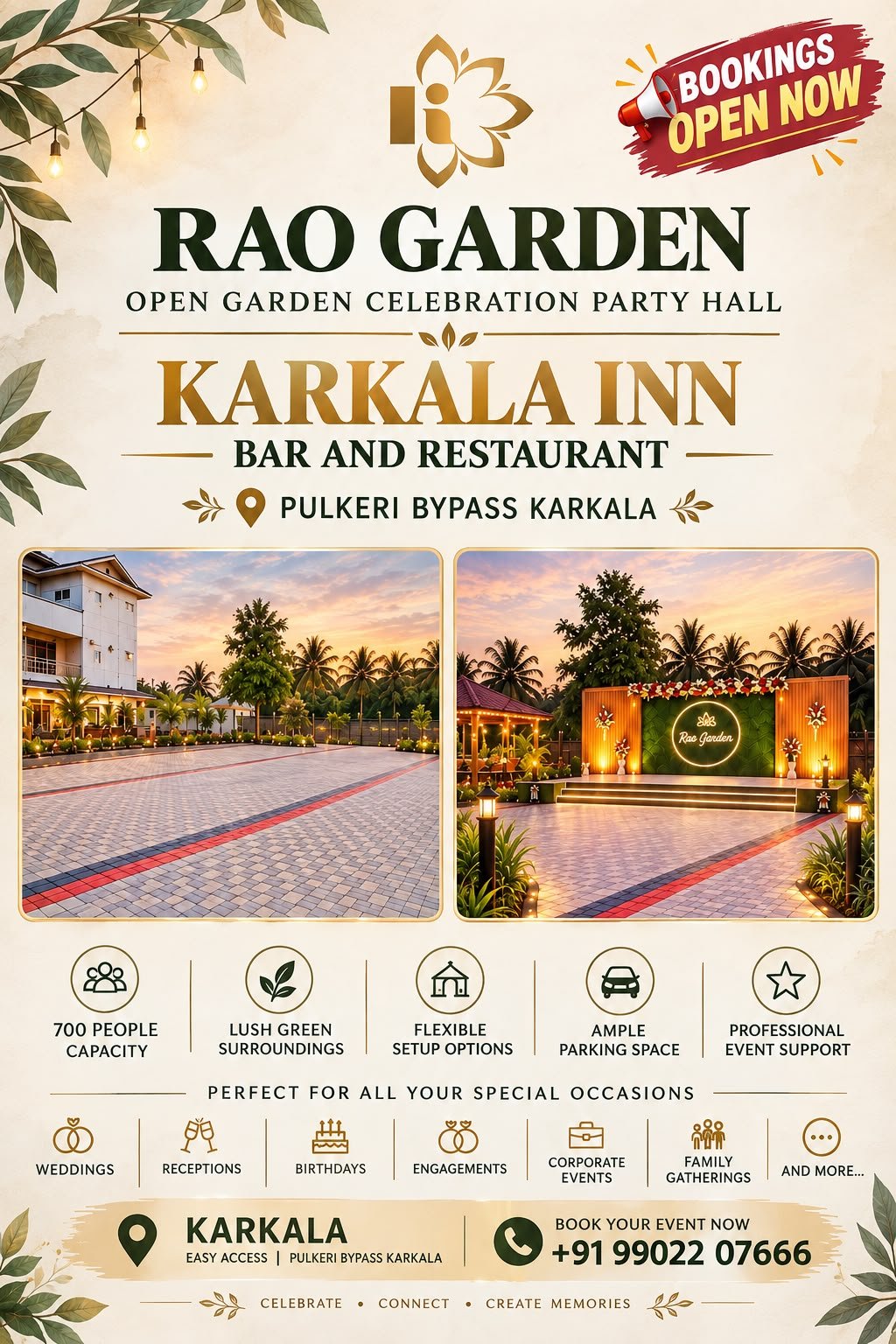 ಶುಭ ಸಮಾರಂಭಗಳಿಗೆ ಏಕೈಕ ಆಯ್ಕೆ ಕಾರ್ಕಳದ ಪುಲ್ಕೇರಿಯ ರಾವ್ ಗಾರ್ಡನ್ ಹೊರಾಂಗಣ ಸಭಾಭವನ: 700 ಆಸನಗಳ ಸಾಮರ್ಥ್ಯವುಳ್ಳ ವಿಶಾಲ ಸಭಾಂಗಣ, ಅತ್ಯುತ್ತಮ ಕ್ಯಾಟರಿಂಗ್ ಹಾಗೂ ಪಾರ್ಕಿಂಗ್ ವ್ಯವಸ್ಥೆ